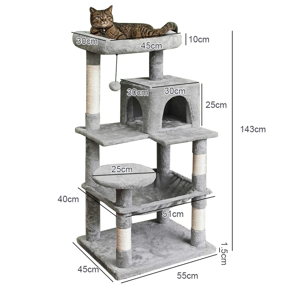 Arbre à Chat 143 cm – Poteaux Sisal, Hamac, Niche & Perchoirs Confort